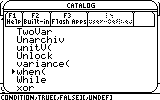 Calculator catalog screen showing functions like when(, While, and xor).